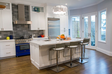 Enclosed kitchen - mid-sized contemporary single-wall dark wood floor and brown floor enclosed kitchen idea in San Francisco with an undermount sink, shaker cabinets, white cabinets, marble countertops, gray backsplash, subway tile backsplash, stainless steel appliances, an island and gray countertops