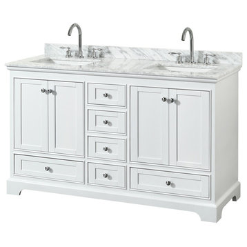 Deborah 60" White Double Vanity, Carrara Marble Top, Square Sinks, No Mirror