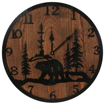 Black Iron and Stained Wood Round Bear Scene Wall Clock
