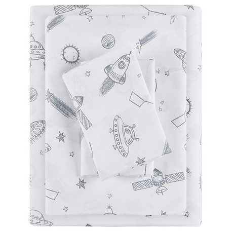 Mi Zone Printed Microfiber Kids Sheet Set, Grey Space Rocket