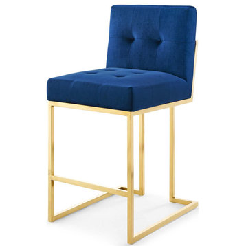Counter Stool Chair, Velvet, Metal, Gold Blue Navy, Modern, Bar Pub Cafe Bistro