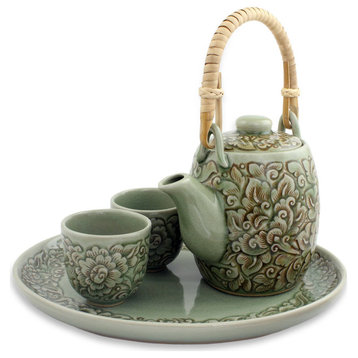 NOVICA Thai Camellia In Brown And Celadon Ceramic Tea Set  (Set For 2)