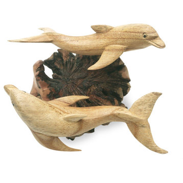 Novica Handmade Twin Dolphins Wood Sculpture
