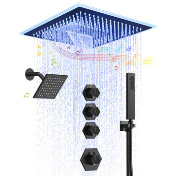 Dual Heads LED Music Shower System 16" & 6 with 3 Way Thermostatic Faucet, Matte Black, 3 Functions Shower Head