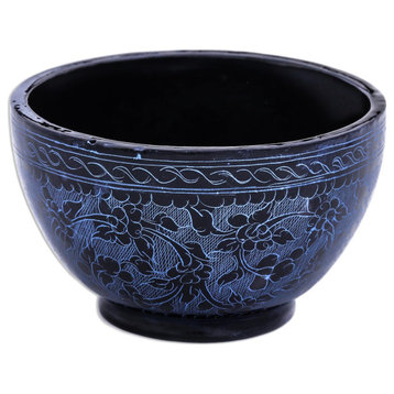 Novica Handmade Blue Floral Forest Lacquered Wood Decorative Bowl