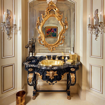 French Antique Vanity Powder Room 24K Gold / Onyx Drop In Sink