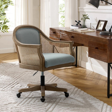 Xaver Farmhouse Home Office Desk Task Chair With Rattan Arms, Blue