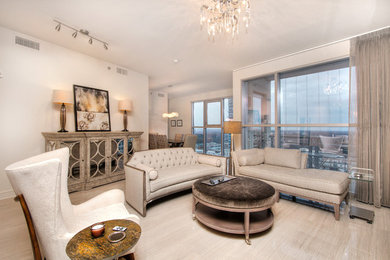 Living room - mid-sized modern open concept porcelain tile and gray floor living room idea in Miami with white walls, a ribbon fireplace, a tile fireplace and a wall-mounted tv