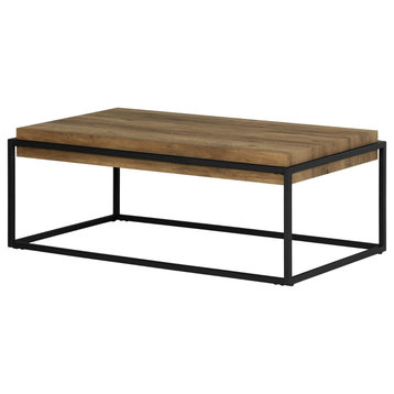 Industrial Coffee Table, Black Metal Frame With Rectangular Hardwood Top, Brown