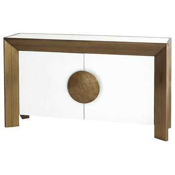 Asian Modern Console Table, White Oak Wood Dining Cabinet, Brass Finish 60"