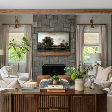 Family Room with Flat Panel Molding Wall in Deep Slate Blue and Neutral Lime Pai