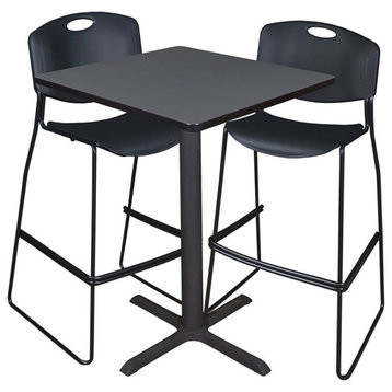 Cain 30" Square Café Table, Gray and 2 Zeng Stack Stools, Black