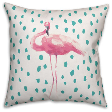 "Pink & Teal Tropical Flamingo" Outdoor Throw Pillow, 18"x18"