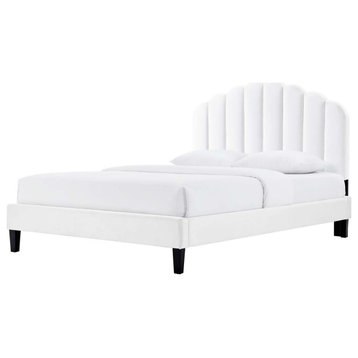 Platform Bed Frame, Full Size, White, Velvet, Modern, Bedroom Guest Suite