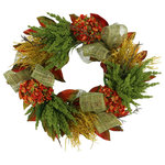 Creative Displays - 25" Hydrangea and Heather Fall Wreath with Bows - Fall is the perfect time to bring some of the outdoors in your home of office with this beautiful 25" wreath. Handcrafted with quality, durable materials, it will bring warmth and cheer to your space. Packed with lovely details, this wreath features a grapevine base, faux orange hydrangea, green heather, yellow feathers, red and orange leaves, and green bows finished off with a touch of rustic warmth! Best of all, no maintenance is required and you’ll never have to worry about watering it. Bring in the beauty of Fall this year with this colorful mix of attractive blooms and greens.