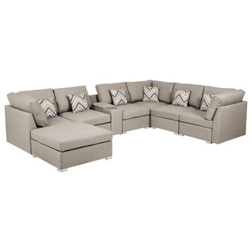 Amira Beige Fabric Reversible Modular Sectional Sofa with USB Storage Console