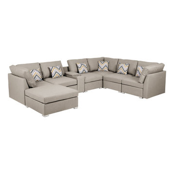 Amira Beige Fabric Reversible Modular Sectional Sofa with USB Storage Console