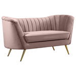 Meridian Furniture - Margo Velvet Upholstered Set, Pink, Loveseat - Lean back and lounge in luxurious style on this stunning Margo pink velvet loveseat by Meridian Furniture. This contemporary loveseat features plush velvet upholstery that is both classy and sumptuous against your skin, a single seat cushion and rounded arms that curve into a low, rounded back, creating a perfect, modern piece for your home. Gold stainless steel legs support this loveseat and provide stunning contrast to the loveseat's plush, pink fabric.