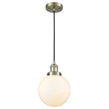 Beacon 1-Light LED Pendant, Antique Brass, Glass: White Cased
