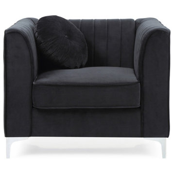 Delray Black Vertical Channel Quilted Accent Chair With Round Throw Pillow