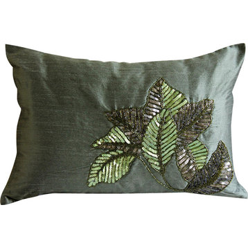 Green Rectangular Pillow Covers 12"x16" Silk, All About Leaves