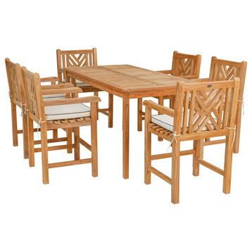 7 Piece Teak Chippendale 71" Rect Counter Set, 6 Counter Stools, Arms