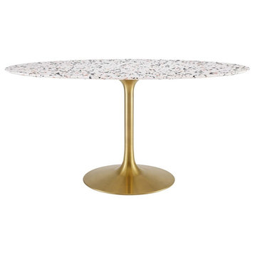 Modway Lippa 60" Oval Modern Terrazzo/Metal Dining Table in Gold/White