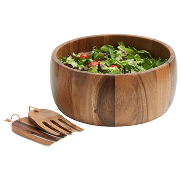 Acacia Wood Salad Bowl With Serving Hands, Medium, Medium