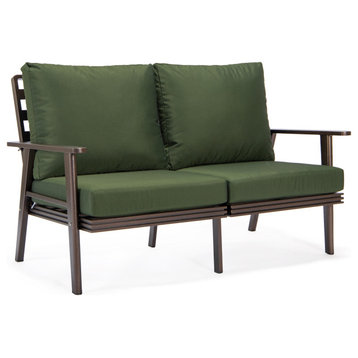Leisuremod Walbrooke Patio Loveseat With Brown Aluminum Frame, Green