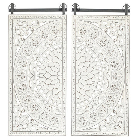 Pemberly Row Wood Flower Mandala Wall Decor in Distressed White (Set of 2)