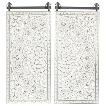 Pemberly Row Wood Flower Mandala Wall Decor in Distressed White (Set of 2)