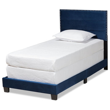 Tamira Glam Navy Blue Velvet Fabric Upholstered Twin Size Panel Bed