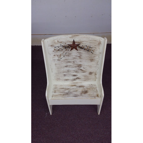 Primitive Pine Miniature Deacon's Bench With Rustic Star, Antique White