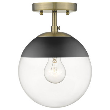 Dixon Semi-Flush in Aged Brass with Clear Glass and Black Cap