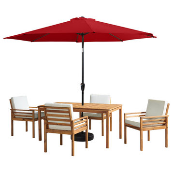 Okemo Set, 10' Auto Tilt Umbrella, Red, 6-Piece Set, 4 Chairs