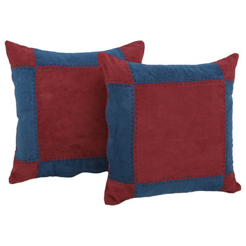 18" Patchwork Microsuede Square Throw Pillows, Set of 2, Red Wine/Indigo