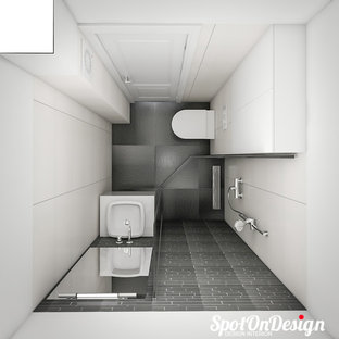 Ispirazione per una piccola stanza da bagno con doccia minimalista con ante lisce, ante grigie, doccia ad angolo, WC monopezzo, piastrelle bianche, pareti bianche, pavimento con piastrelle in ceramica e lavabo a colonna