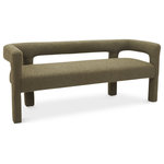 Meridian Furniture - Athena Boucle Fabric Upholstered Bench, Olive - Get comfortable with this Athena bench featuring minimalistic design elements and a simple footprint. Artfully designed, this bench is made for comfort with a rounded footprint that hugs your back while you sit and relax with friends. The bench is covered top to bottom in rich olive green boucle fabric, so it's super soft to the touch and elegant to the eye.