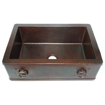 Straight Apron Front Kitchen Copper Sink With Rings, Undermount, Single Basin, W