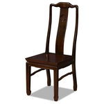 China Furniture and Arts - Rosewood Longevity Design Chair, Mahogany - Made of solid rosewood, this chair is exquisitely hand-carved with the symbol of Longevity sign in the center. Constructed with traditional joinery technique by artisans in China. Chair legs are designed with horizontal support bars, not only allow for structural support but also long lasting durability. To use as a dining chair or place a pair in a special spot in your living room. Hand applied rich mahogany finish. Silk cushion sold separately.