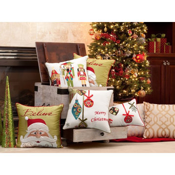 Holiday Embroidered Nutcrackers Throw Pillow, Red and Green