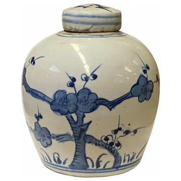 Chinese Oriental Small Blue White Flower Tree Porcelain Ginger Jar Hws1868
