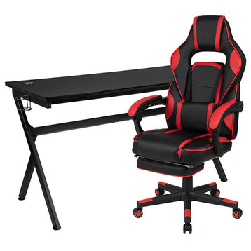 Gaming Desk w/Removable Mousepad Top & Reclining Gaming Chair with Footrest, Red