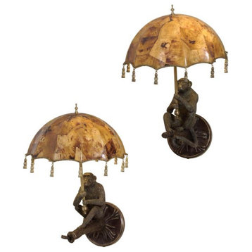 Verdigris Patina Brass Monkey Wall Lamps, 2-Piece Set