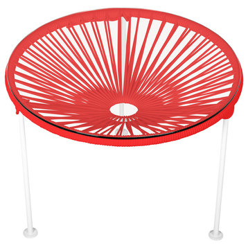 Zicatela Indoor/Outdoor Handmade Side Table, Red Weave, White Frame