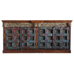 Mogul Interior - Consigned Farmhouse Buffet Cabinet Storage Sideboard Four Doors Credenza - Bring timeless character and practical storage to your home with this Farmhouse Buffet Cabinet Sideboard. Designed with four spacious doors, this versatile credenza offers ample room to stow dinnerware, linens, or household essentials&mdash;all while elevating your space with rustic elegance.