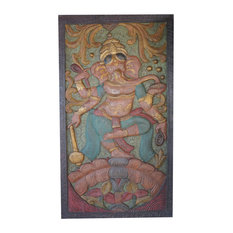 Consigned Vintage Ganesha Dancing Door Panel Happiness Prosperity Wall Sculpture