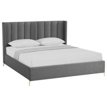 Inspired Home Ameen Bed, Upholstered,  Linen, Gray, King