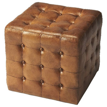 Beaumont Lane Modern Leather/Plywood Square Ottoman in Brown