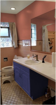 1 weekend to modernize this ugly peachy pink tile bathroom on $250..
